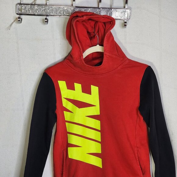 Nike Red Black LS Neon Yellow Logo Hooded Pull On Pocketed Cotton Poly Hoodie L - Picture 3 of 16